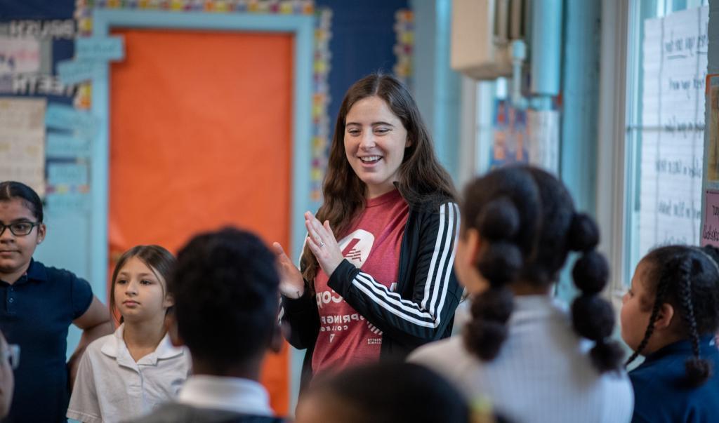 Springfield College student and AmeriCorps program member Caitlin Schult, an athletic counseling major, teaches a physical education class at White Street Elementary in Springfield